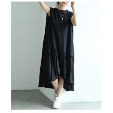 【ワンピース】 バブルヘム バルーン フレア フィッシュテール ロング ノースリーブ 黒 白 夏服