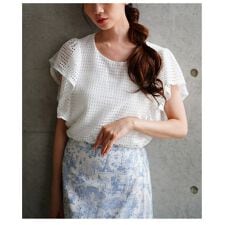 【カットソー】 トップス Tシャツ 白 ホワイト 黒 ブラック 半袖 フリルスリーブ メッシュ 夏服