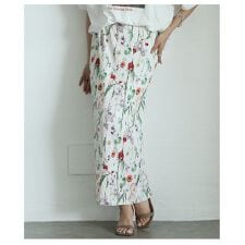 【スカート】 花柄 総柄 ロング リブ プリーツ ウエストゴム ブラック ホワイト 黒 白 春 夏