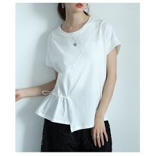 【トップス】 カットソー Tシャツ アシンメトリー ドロスト ハート 半袖 ブラック オフホワイト