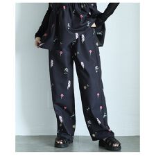 【パンツ】 花柄 小花柄 ドット セミワイド ロング ウエストゴム ブラック ネイビー オフホワイト