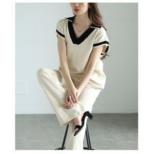 【セットアップ】 トップス ニット ボトムス パンツ ズボン アイボリー 2点 セット バイカラー