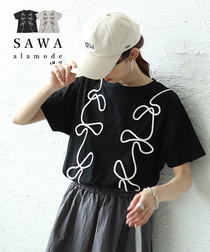 レディース 売れ筋商品|||トップス カットソー Tシャツ コード刺繍 リボン 配色 半袖 ブラック オフホワイト 夏 大人可愛い 大人 可愛い 30代 40代 50代 60代 サワアラモード Sawa a la mode レディース トップス カットソー Tシャツ コード