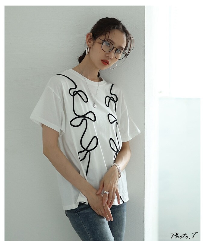 トップス】 カットソー Tシャツ コード刺繍 リボン 配色 半袖