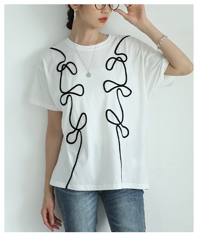 レディース 売れ筋商品|||トップス カットソー Tシャツ コード刺繍 リボン 配色 半袖 ブラック オフホワイト 夏 大人可愛い 大人 可愛い 30代 40代 50代 60代 サワアラモード トップス】 カットソー Tシャツ コード刺繍 リボン 配色 半袖