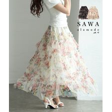 スカート】 花柄 総柄 ティアード フリル フレア ロング シフォン 