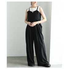 【サロペット】 パンツ ワイド ノースリーブ ロング ドロスト 重ね着 タック ポケット ブラック