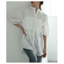 【トップス】 アンサンブル ブラウス シャツ ベアトップ ビスチェ キャミソール 重ね着 青 白 夏