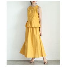 【セットアップ】 トップス プリーツ ペプラム スカート ロング フレア ウエストゴム イエロー 夏