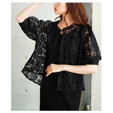 【トップス】 ブラウス シャツ 花柄 レース 刺繍 ボリューム袖 ボタン 重ね着 ブラック ホワイト