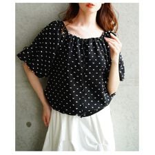 サワアラモード(sawa a la mode)の【トップス】 ブラウス シャツ ドット パフスリーブ ギャザー ドロスト ボタン ブラック 黒 夏