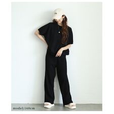【セットアップ】 トップス セーター パンツ サマーニット 黒 ブラック 茶 ブラウン 半袖 ロング