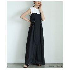 【ワンピース】 黒 ブラック モカ ノースリーブ ロング丈 ドッキング 異素材 綿 コットン フレア