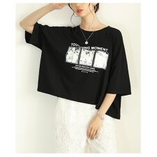 【トップス】 カットソー Tシャツ プリント オーバーサイズ 半袖 クロップド ブラック ホワイト