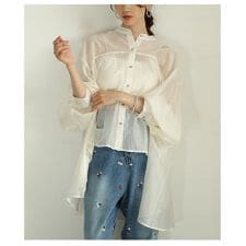 【トップス】 ブラウス シャツ シアー 長袖 変形 バンドカラー ボリューム袖 重ね着 黒 白 モカ