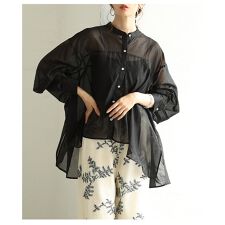 【トップス】 ブラウス シャツ シアー 長袖 変形 バンドカラー ボリューム袖 重ね着 黒 白 モカ