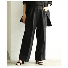 【パンツ】 ワイド タック ロング ルーズ バックウエストゴム ジッパーフライ ブラック ブラウン