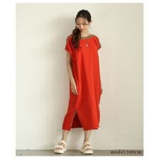 【ワンピース】 チュニック アイボリー ネイビー レッド 半袖 フレンチスリーブ ミモレ丈 コットン