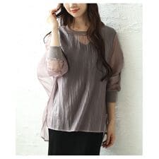 【トップス】 カットソー Tシャツ シアー リブ 長袖 重ね着 ブラック ホワイト パープル 夏服