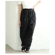 【パンツ】 ボトムス ズボン ブラック ピンク ロング丈 フリンジ ジャガード タック ウエストゴム