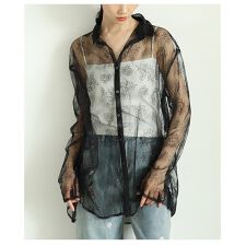 【ブラウス】 トップス シャツ 羽織り ブラック オフホワイト 長袖 シアー オーバーサイズ 花柄