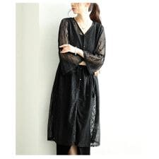 【ワンピース】 チュニック 羽織り カーディガン ブラック ホワイト 7分袖 レース フレアスリーブ