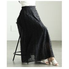 【スカート】 フリンジ ストライプ フレア ロング ウエストゴム シアー 裏地 ブラック ホワイト