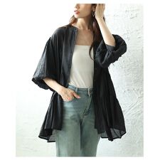 【チュニック】 トップス ブラウス シャツ 羽織り 黒 ブラック ミント 5分袖 パフスリーブ 夏服