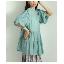 【チュニック】 トップス ブラウス シャツ 羽織り 黒 ブラック ミント 5分袖 パフスリーブ 夏服