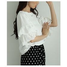 【カットソー】 トップス Tシャツ 白 ホワイト 5分袖 半袖 フリル ドルマン レース 刺繍 綿