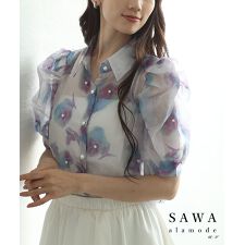 ブラウス】 トップス シャツ 花柄 パール シアー 半袖 パワー 
