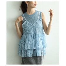 【アンサンブル】 トップス ニット キャミソール セット 2点 ブラック ブルー フリル レース 花