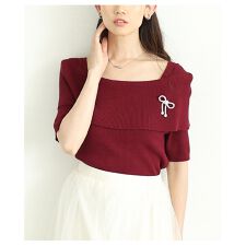 サワアラモード(sawa a la mode)の【トップス】 ニット オフショルダー リブ 半袖 5分袖 ビジュー リボン 無地 黒 白 ワイン 夏