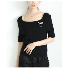 サワアラモード(sawa a la mode)の【トップス】 ニット オフショルダー リブ 半袖 5分袖 ビジュー リボン 無地 黒 白 ワイン 夏