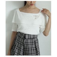 サワアラモード(sawa a la mode)の【トップス】 ニット オフショルダー リブ 半袖 5分袖 ビジュー リボン 無地 黒 白 ワイン 夏