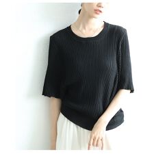 【ニット】 トップス セーター プルオーバー サマーニット ブラック 黒 ホワイト 白 5分袖 夏服