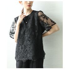【ブラウス】 トップス シャツ プルオーバー ブラック 黒 ベージュ 半袖 刺繍 ボタニカル シアー