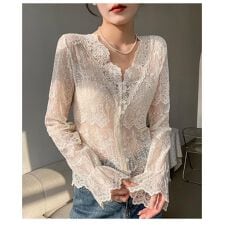 【トップス】 ブラウス レース スカラップ 刺繍 シアー 長袖 Vネック フレア オフホワイト 白