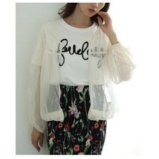 【アウター】 ジャケット 羽織り メッシュ オーガンジー ギャザー ボリューム袖 黒 紫 ベージュ