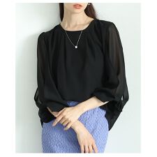 【トップス】 ブラウス リボンモチーフ パフスリーブ タック シフォン レイヤード 7分袖 ブラック