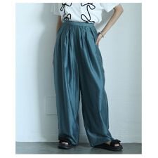 【パンツ】 ボトムス ズボン 黒 ブラック 青 ブルー モカ ロング丈 シアー タック ハイウエスト