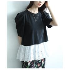 【カットソー】 トップス Tシャツ 黒 ブラック グレー 半袖 レース フレア 刺繍 綿 コットン