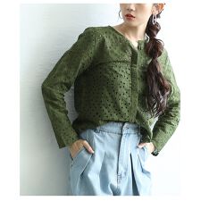 【ブラウス】 トップス シャツ カーキ ベージュ 羽織り 長袖 刺繍 レース コットン 綿 夏服 春