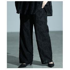 【パンツ】 花柄 刺繍 立体 セミワイド ロング オーガンジー ウエストゴム シアー ブラック 夏