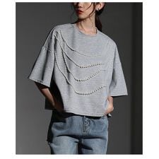 【カットソー】 トップス Tシャツ プルオーバー グレー 5分袖 パール コットン 綿 無地 夏服