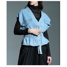 【ベスト】 トップス ジレ 羽織り 青 ブルー ノースリーブ デニム ペプラム 綿 コットン 夏服