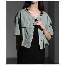 【ジャケット】 アウター 羽織り ブルー 青 デニム 半袖 5分袖 綿 コットン フリンジ ショート