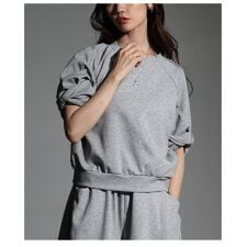 【トレーナー】 トップス スウェット カットソー グレー 半袖 5分袖 リボン コットン 綿 無地