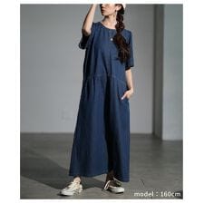 【ワンピース】 ブルー 青 半袖 5分袖 ロング丈 足首丈 デニム フレア 綿 コットン 切替 夏服