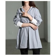 【チュニック】 シャツ ブラウス 配色 長袖 ミドル 比翼ボタン レギュラーカラー ブラック グレー
